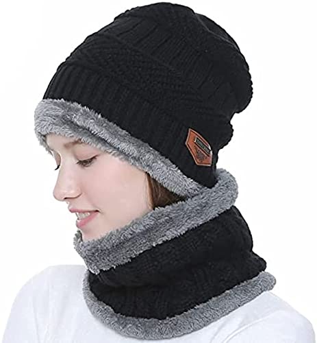 TruFlair 2 Pairs Men's & Women's Snow Proof Inside Fur Warm Woolen Cap with Neck Muffler Neck Warmer Scarf for Winters Free Size (2 Pairs Black) Unisex Beanie Cap 1
