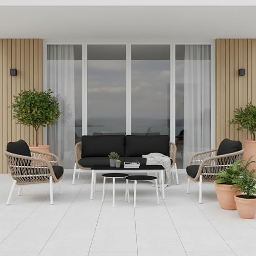 Image of BRISHI Outdoor 4 Seater Sofa Set | Balcony Sofa | Patio Furniture Sets | Conversation Sets | Braid & Rope Garden Sofa Set (Tan-White)