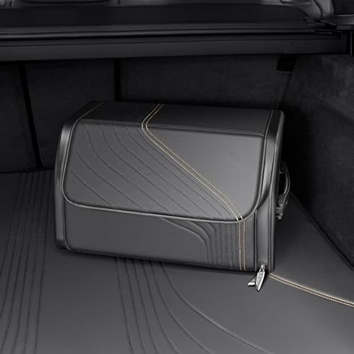 TOPABYTE Car Trunk Organizer with Lid and Sturdy Handle Foldable Durable Premium Leather Storage Box Cargo for BMW SUV Sedan Truck, Black