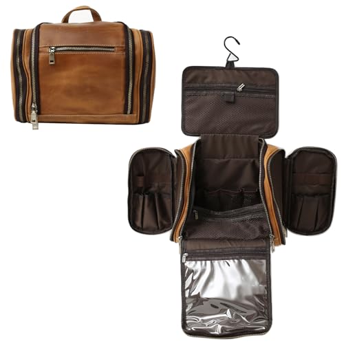 PAHVRION Kulturbeutel zum Aufhängen, personalisierbar, echtes Leder, für Männer und Frauen, Reise-Organizer für Toilettenartikel, Geschenk für Trauzeugen, Hochzeitsgeschenke, Braun, Kulturbeutel