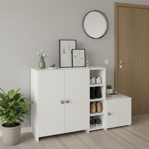 Image of FURNEASER Fusia Modern Shoe Rack Cabinet | Engineered Wood Shoe Storage with Doors & Shelves | Elegant Footwear Organizer for Entryway & Home (White)