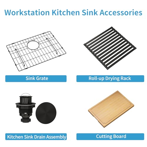 Image of LQS 23 Inch Black Undermount Kitchen Sink, Black Kitchen Sink 23 inch x 18 inch, 10 inch Deep Single Bowl Sinks, 16 Gauage Stainless Steel Material, Workstation Ledge With Abundant Accessories