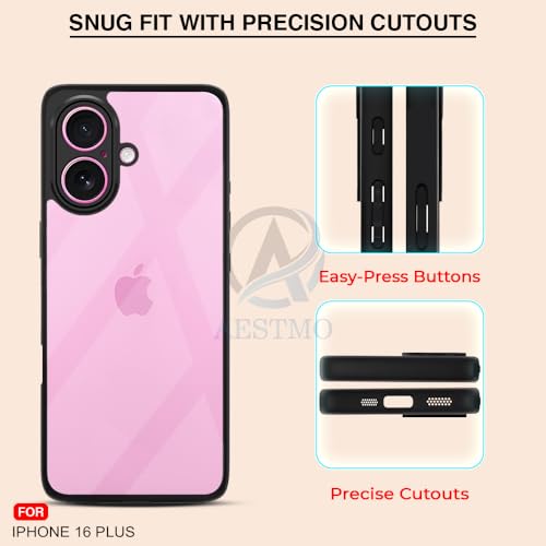 Image of AESTMO iPhone 16 Plus Back Cover | 360 Protection | Crystal Clear Hard Back Transparent | Bumper Case for iPhone 16 Plus (PC+TPU, Black Bumper)