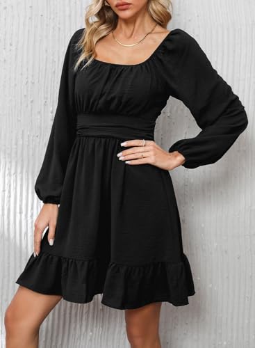 Image of Dokotoo Womens Dress Long Lantern Sleeve Square Neck Tie Backless Sexy Dress Ruffle Elastic Waist A-Line Mini Dress