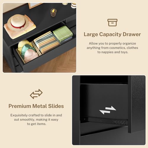 Image of TEENFON 55 inch Dresser for Bedroom with 6 Drawers, Black Dresser with Metal Slide, Bedroom Dressers, Wood Dressers & Chests of Drawers for Bedroom, Hallway, Black