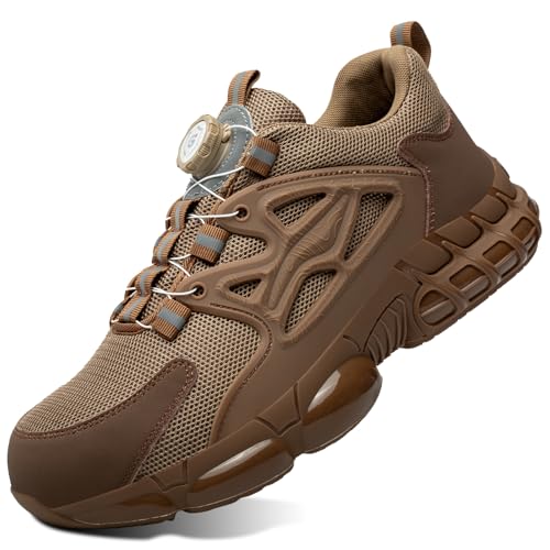 GemChve Scarpe Antinfortunistiche Uomo Donna Leggere Traspiranti Sneakers Antiscivolo Scarpe Sicurezza con Punta in Acciaio Regolazione Rapida dei Lacci Brown 37 EU