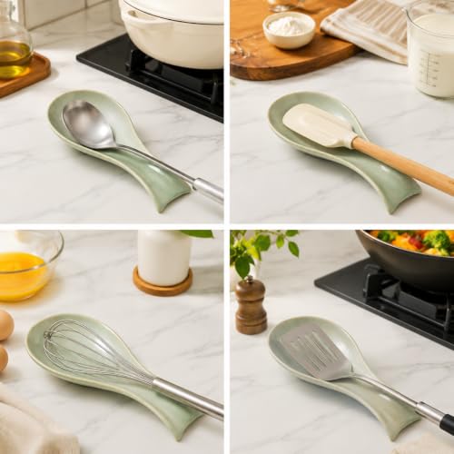 Image of Hasense 8.7 In Ceramic Spoon Rest for Stove Top, Kitchen Spoon Holder, Sage