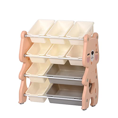 おもちゃ収納ラック おもちゃ箱 収納ケース 分類収納キッズラック 扉付き お片付け 大容量 4段階 木製 (E型 (ベージュ))のサムネイル