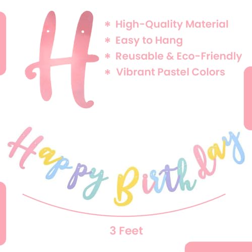 Image of Wanna Party Happy Birthday Macaron Cursive Banner Garland Rainbow Banner Reusable Happy Birthday Sign for Birthday Banners for Party Decor(Macaron Color)