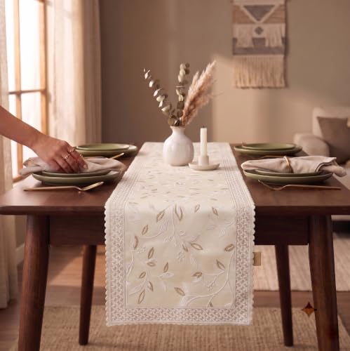 Image of Premium Embroidered Dining Table Runner 6 Seater | Washable Heat Resistant Fabric | Cotton-Silk Blend | Fits 4 & 8 Seater Dining Table | Centre Table Decor | 13 x 72 Inch | Ivory