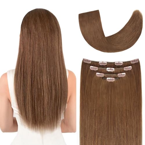 18" Clip in Hair Extensions Remy Human Hair for Women - Silky Straight Ash Brown Clip on Real Hair Extensions 60grams 4pieces(18inches, Ash Brown)