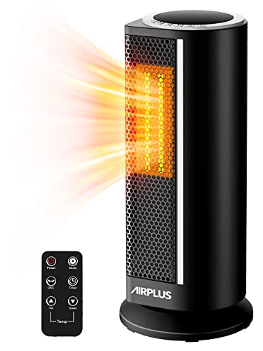 AIRPLUS Space Heater Indoor Portable Electric, Portable Heater with 2 Heat Settings & 12H Timer, Ceramic Heater & Tower Heater with Overheat & Tip-Over Protection, Quiet Oscillating Heater for Bedroom
