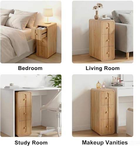 Image of Narrow Nightstand Set of 2, Small Bedside Table with 3 Drawers, Mid Century Modern Skinny Nightstand with Storage, Wood Slim Side Table for Bedroom, Living Room (Natural-2pcs)