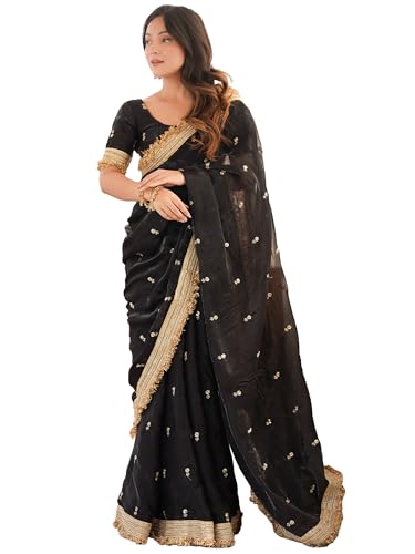 Image of AKHILAM Women's Shimmer Off White Georgette Sequence Embroidery Saree With Unstitched Blouse Piece