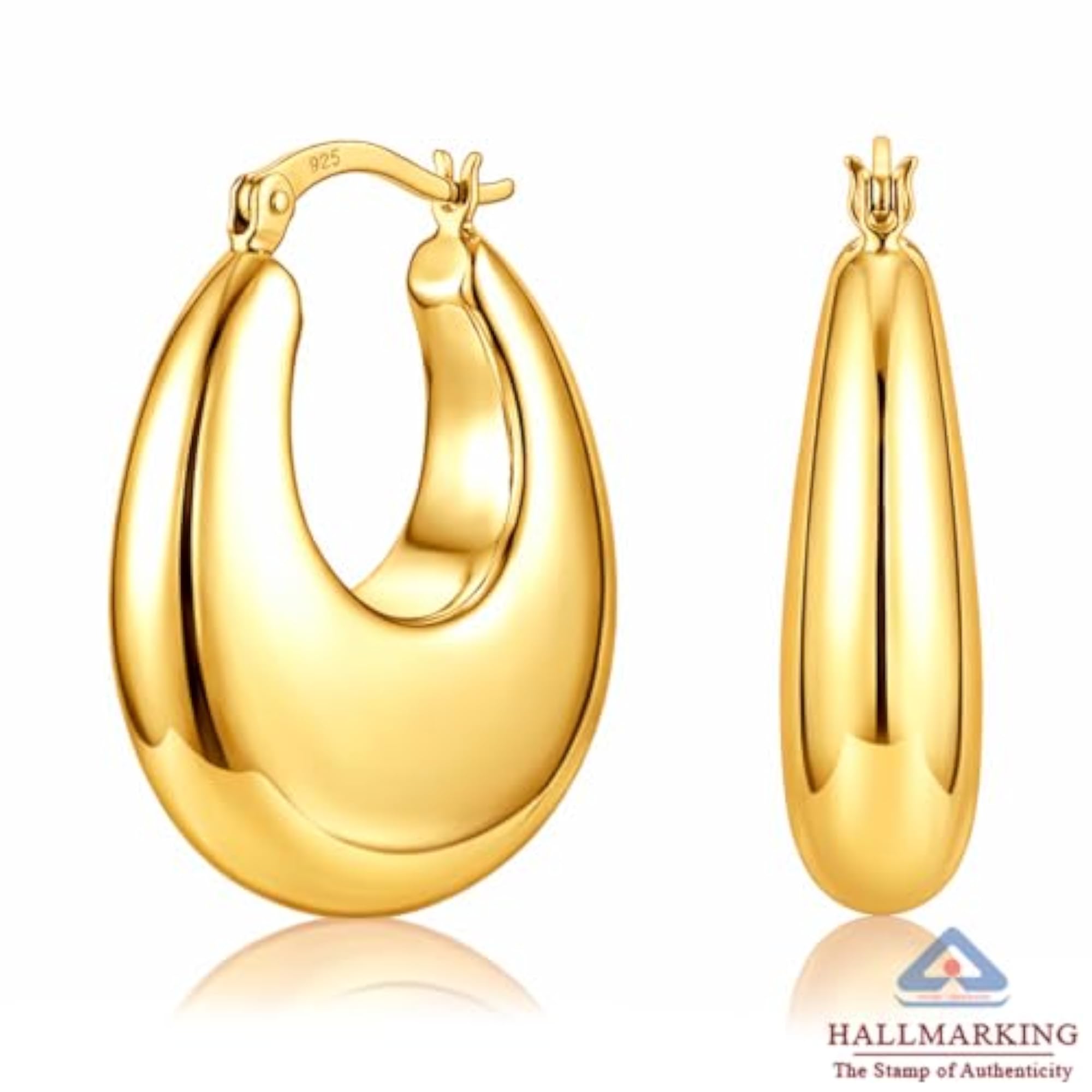 Women's 925 Sterling Silver Gold Plated Chunky Oval Shape Hoop Earrings