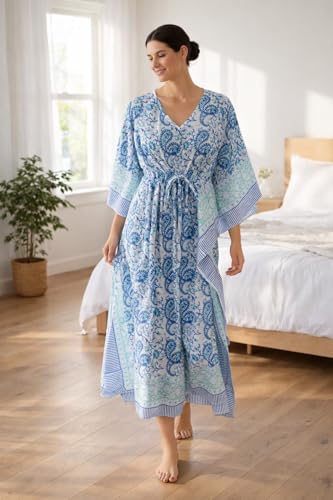 Image of Hand Block Printed Pure Cotton Kaftan for Women, Free Size Relaxed Fit Maxi, Lounge, Nightwear, Beach Cover-Up, Handmade Ethnic Boho Kaftan Dress V-Neck