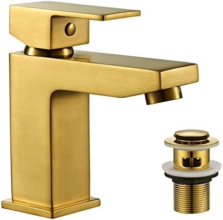 Mighbow Basin Mixer Tap with Basin Waste with Overflow Brushed Gold Bathroom Taps, Square ...