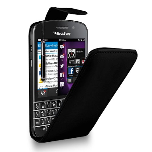 BLACKBERRY Q5 BLACK LEATHER FLIP CASE COVER POUCH + FREE SCREEN PROTECTOR & RETRACTABLE TOUCH STYLUS PEN