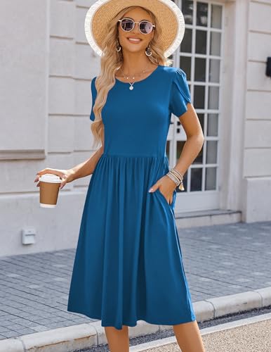 Image of HOTOUCH Women's Summer A-Line Midi Dresses 2026 Casual Floral Short Sleeve T-Shirt Dress Flowy Beach Sundress with Pockets