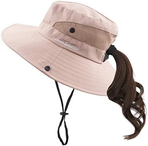 Muryobao Women Ponytail Summer Sun Hat Wide Brim UV Hats Floppy Bucket Cap for Safari Beach Fishing Gardening Pure Pink