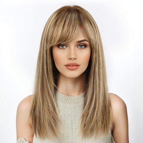 Image of KKU 16 Inch Brown Mixed Blonde Human Hair Wigs for Women, Straight Human Hair Wig with Bangs,Remy Human Hair Wigs,Daily Wig