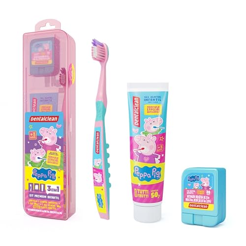 Dentalclean Kit Infantil Peppa Pig: Gel Dental 50g Com Flúor + Escova Extra Macia + Fio Dental 20m com Estojo, Rosa