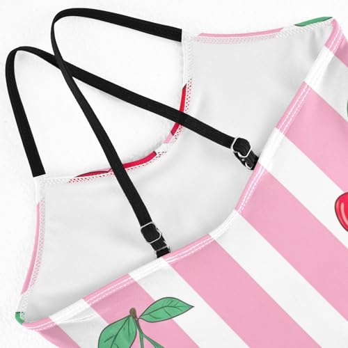 CHIFIGNO Cherry Pink Stripes Toddler Girls Bathing Suit Quick Dry Crossback One Piece Swimsuit Girls 3T4