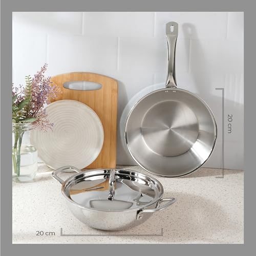Lifelong Triply 3 piece cookware Set| 22cm Fry Pan (1.25L) & 22cm Triply Kadhai (2L) with Common Steel Lid | Soft Touch Handle | Even Heat... - Image 7