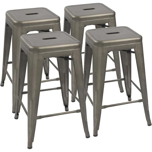 Image of Devoko Metal Bar Stools 24 inch Indoor Outdoor Stackable Barstools Modern Style Industrial Vintage Counter Bar Stools Set of 4 (24 inch, Gun)