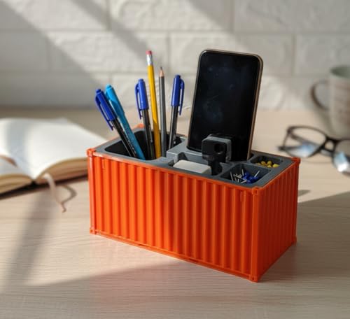 Image of Shipping Container Pen Stand, Container Style Desk Organizer Pen Stand for Office Table Shipping Company, Unique Tabletop for Gifting (Orange)