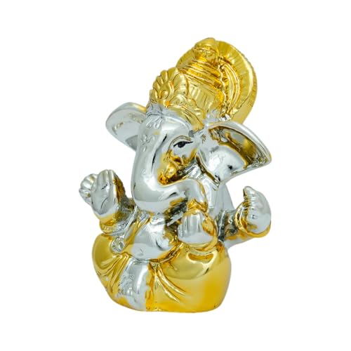 Image of Mini Gold Plated Ganesha Idol for Car Dashboard, Home Temple & Office Desk | Silver Gold Ganpati Murti Spiritual Decorative Gift Showpiece | 2.7 Inches