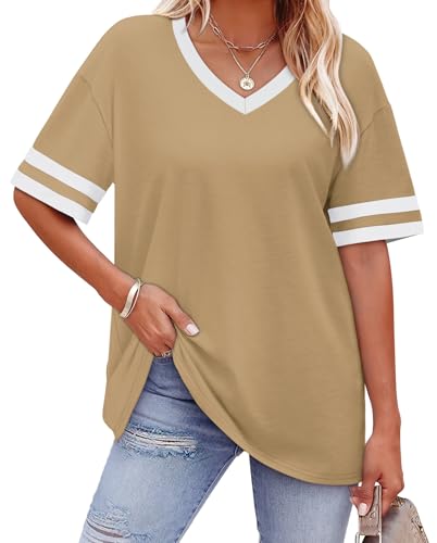 Image of WIHOLL Womens T Shirts Loose Fit Short Sleeve Tees V Neck Color Block Summer Tops 2026 Fashion S-4XL