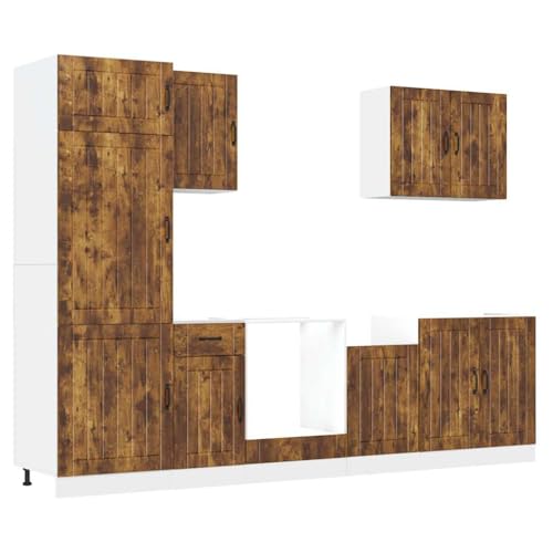 Foknhdi Lucca Lot de 7 armoires de cuisine en bois de chêne fumé 80 x 46 x 81,5 cm Design moderne avec beaucoup d'espace de rangement pour cuisine, salle à...