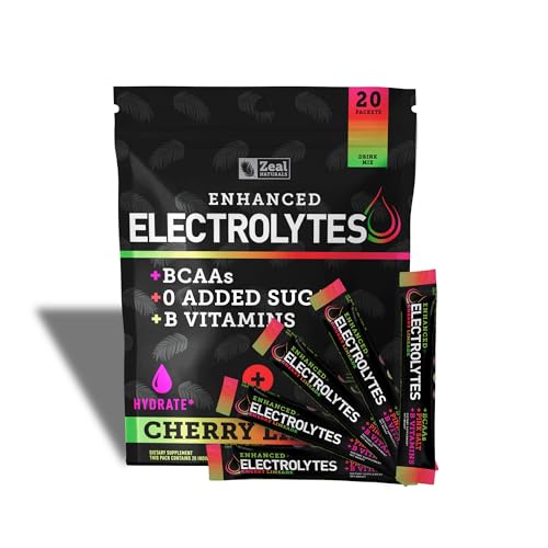 Image of Enhanced Electrolyte Powder Stick Packs (Cherry Limeade | 20 Packets) w / 0 Sugar +BCAAs +B-Vitamins Electrolyte Supplement w Potassium Zinc & Magnesium for Hydration - Keto Electrolytes