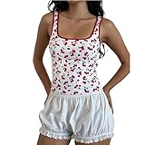 Y2K Strawberry Print Tank Top Summer Sleeveless Scoop Neck Cute Graphic Crop Top Teen Girl Aesthetic Camisole (Cherry Red, S)