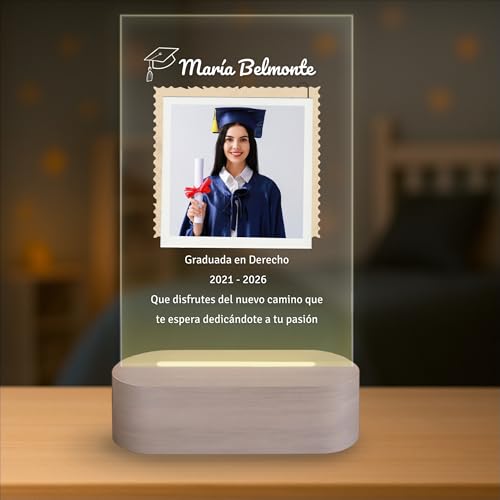 Lámpara Personalizada para Estudiantes con Foto y Mensaje – Regalo Original de Graduación o Selectividad – Luz LED con Placa de Metacrilato – Detalle Emotivo para Fin de Curso (ALUMNOS)