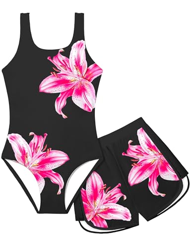 Image of Girls Swimsuit One Piece Swimsuits Color Block Bathing Suit for Girls Adjustable Strap Padded Swimwear with Shorts