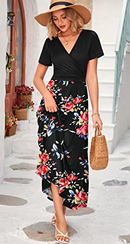 Image of WNEEDU Women's Summer Maxi Dress Short Sleeves Wrap V Neck Long Dresses with Pockets