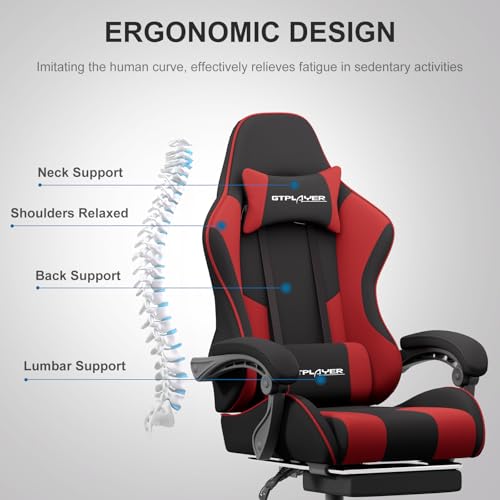 Image of GTPLAYER Gaming Chair, Computer Chair with Footrest and Lumbar Support, Height Adjustable Game Chair with 360-Swivel Seat and Headrest and for Office or Gaming (RED, Fabric)