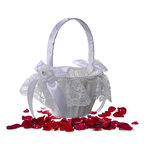 StageOnline Hochzeit Blumenkorb Weiß Satin bowknot Hochzeit Blumenmädchen Korb Perlen Strass Dekor Cover