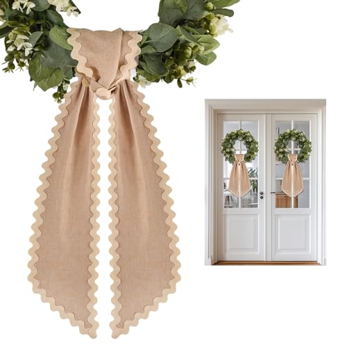 2 Pcs Scalloped Wreath Sash for Front Door Ruffle Wreath Ribbon Bow for Yard Porch Garland Home Decor(Burlap)