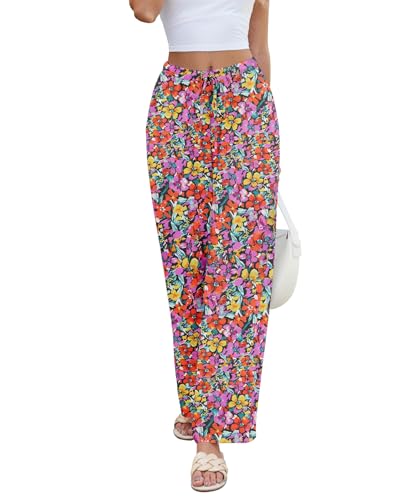 KUOTAI Womens Casual Elastic High Waist Wide Leg Pants Summer Flowy Beach Palazzo Trousers with Pockets2