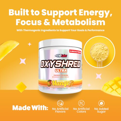 Image of EHP Labs OxyShred Pre Workout Powder - Preworkout Powder with L Glutamine & Acetyl L Carnitine, Energy Boost Drink - Mango, 60 Servings