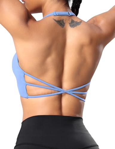 Image of YEOREO Women's Sports Bra Halter Workout Sports Bra Strappy Criss Cross Back Bra Removable Padded Yoga Crop Top