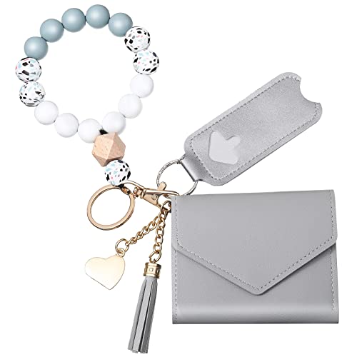 Weewooday Wristlet Bracelet Keychain Wallet for Women Small Silicone Beaded Keyring Purse Leather Card Holder Graduation Gift(Gray)