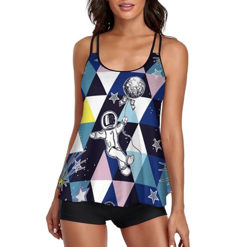 Maillot de bain tankini femme avec short de garçon et robe de plage imprimé géométrique