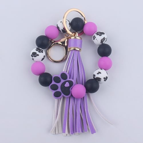 Claw Silicone Beaded Bracelet Wrist Keychain, PU Leather Tassel Bangle Car Keychain for Women,Key Ring Wristlet Key Chains - Image 6