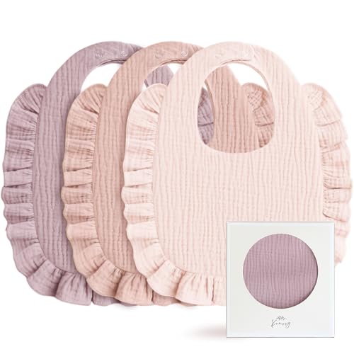 Image of Konssy Muslin Baby Bibs for Girls – Soft 100% Cotton Drool Bibs, Ruffle Trim for Newborns & Toddlers 0-36 Months 3-Pack