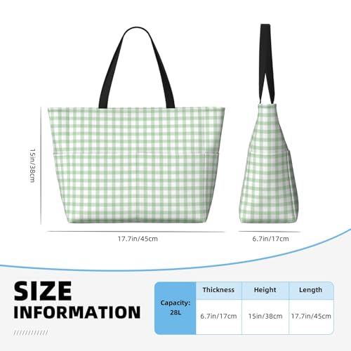 Large Beach Bags Water-resistant Sandproof - light green checkered Grid Cute Beach Tote Bags for Women with Zipper2