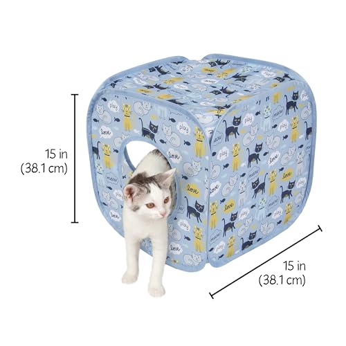 Image of Kitty City Cat Print Pop-Up Play Cube, Collapsible Indoor Hideout with Peekaboo Openings, Lightweight Foldable Cube for Play & Lounging, Blue